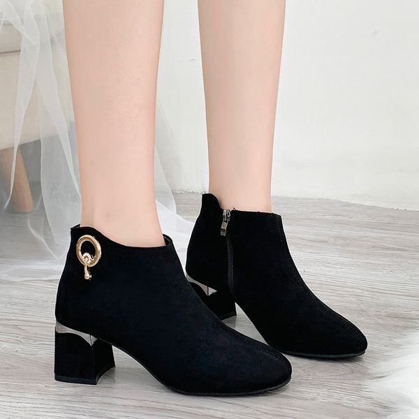 

new fashion black suede winter boots women zipper solid metal decoration square root heel shoes woman party boots botas mujer