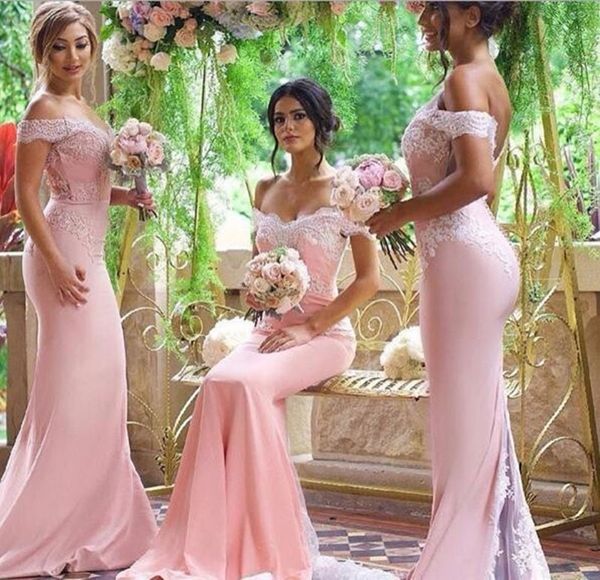 

Pink Mermaid Lace Appliques Prom Evening Gowns Long Chiffon Bridesmaid Dresses Maid Of Honor For Wedding Party With Train