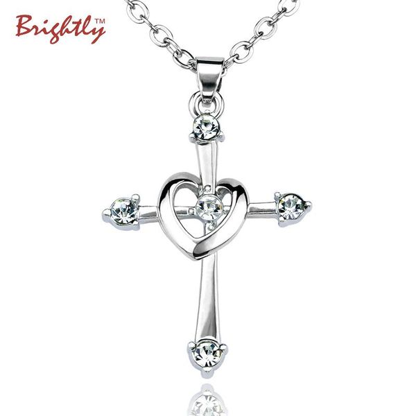 

brightly cross heart pendant necklaces silver color luxury rhinestones chain necklaces for women valentine's day gifts dropship
