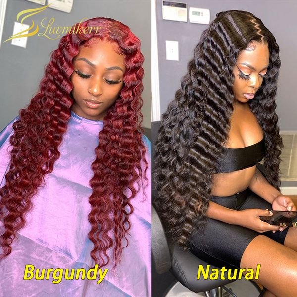 

red 180 density colored brazilian deep wave 13Ã6 lace front human hair wigs for black women burgundy frontal wig preplucked remy, Black;brown