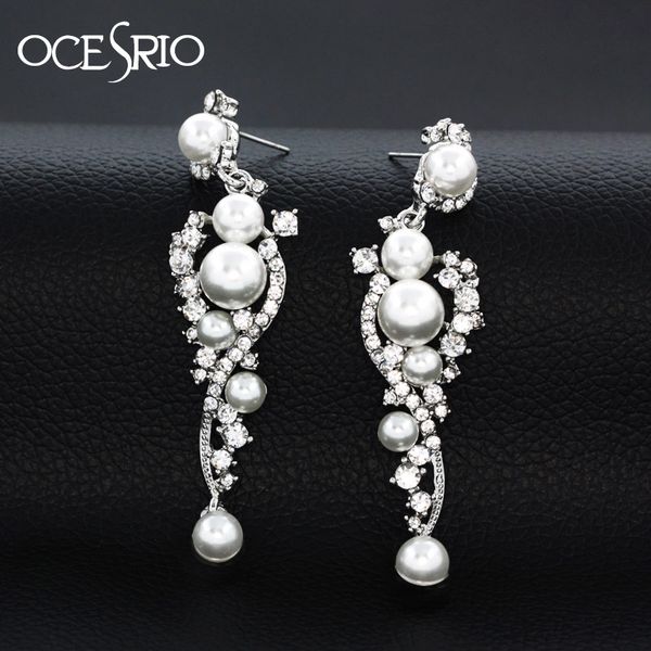 

ocesrio silver long pearl earrings for women crystal long wedding earrings for brides fashion party jewellery ers-h95