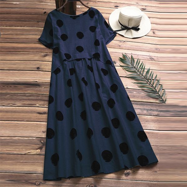 

designer dress woman dresses sleeve short cotton linen summer pleated beach party women casual vintage polka dot loose v neck vestidos, Black;gray