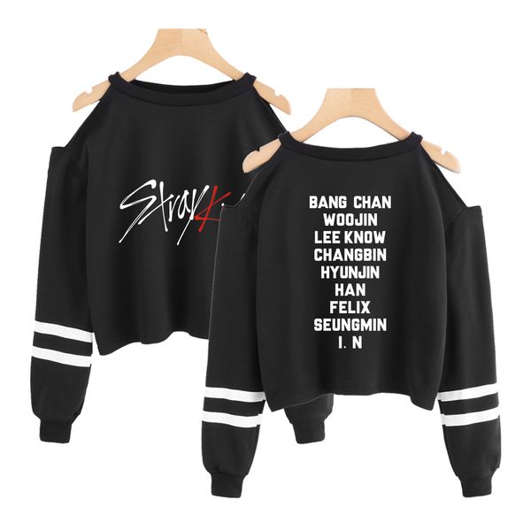 

2019 new fashion kpop stray kids off shoulder crop women harajuku kawaii long sleeve cropped hoodie sweatshirt pullovers, Black