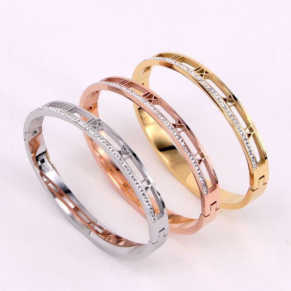 

bangle for women brand new round cubic zironia stainless steel roman number cuff bangles accessories mujer party collier, Black