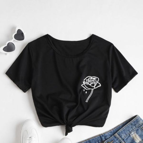

summer women short sleeve t shirts casual o neck rose printed casual tee, White