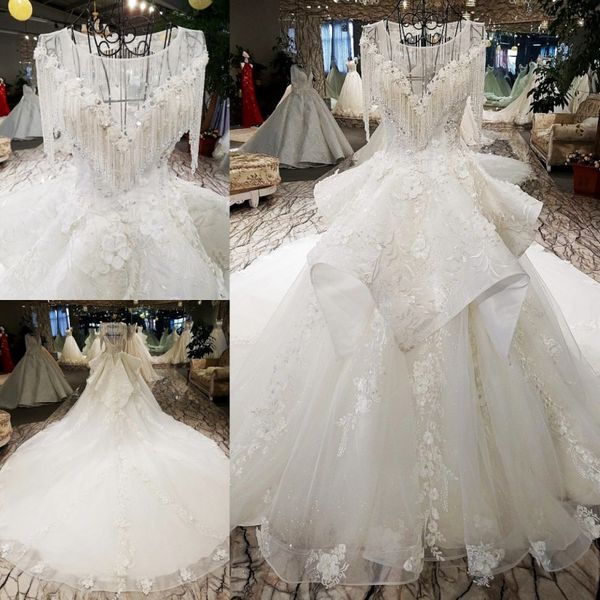 

2019 luxury wedding dresses o-neck swarovski crystals beads backless a line lomg train lace bling customed princess bridal gowns, White