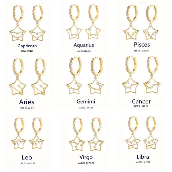 

trendy cubic zirconia 12 constellations star hoop earrings luxury new design korean earrigns for women jewelry 2020, Golden;silver