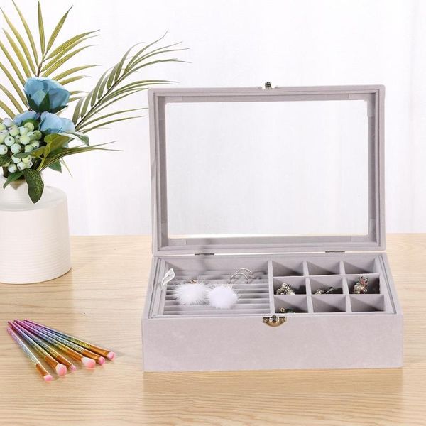 

jewelry box portable storage organizer zipper portable women display travel case boxes double-deck earrings ring organizer box, Black;blue