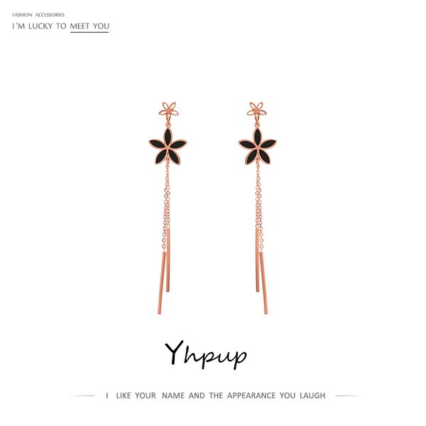 

yhpup black enamel flower hollow dangle earrings long chain tassel steel stainless statement sweet earrings brincos for girl new, Silver