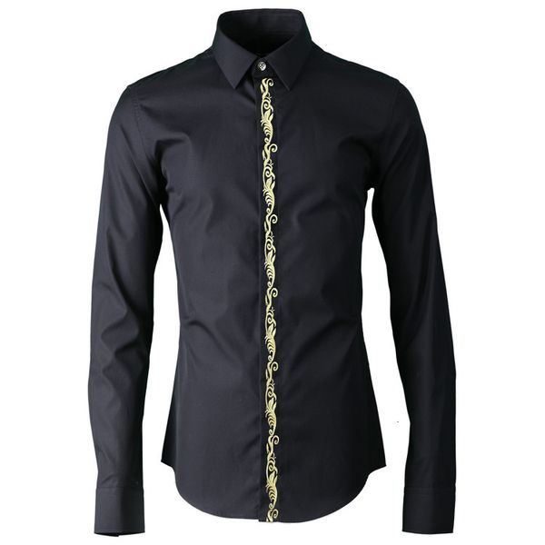 

100% cotton men shirt fashion placket embroidered with royal pattern mens dress shirt long sleeve slim fit man, White;black