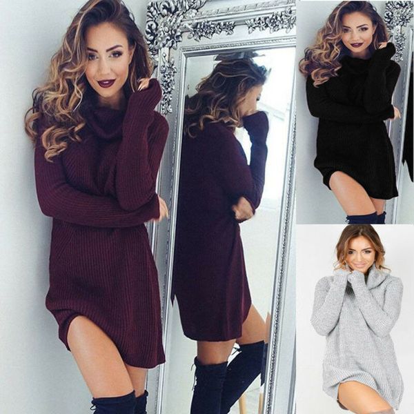

womens warm dress high cowl neck loose long sleeve knitted dress shirt mini oversize pullover sweater jumper dresses, Black;gray