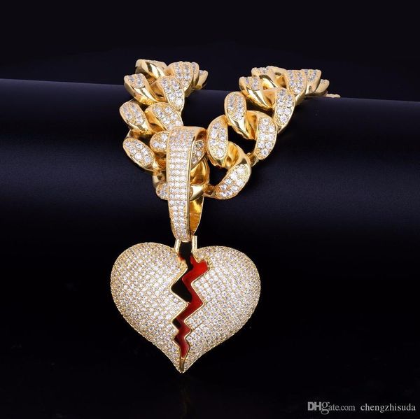 

20mm cuban chain gold silver broken hearts pendants necklaces bling zircon men women hip hop jewelry