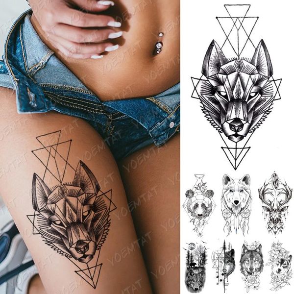 

waterproof temporary tattoo sticker line geometry panda wolf tattoos deer flowers body art arm fake sleeve tatoo women men
