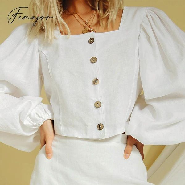 

femajor women elegant white crop and blouse 2019 female lantern sleeve button vintage square collar short shirt mujer blusa