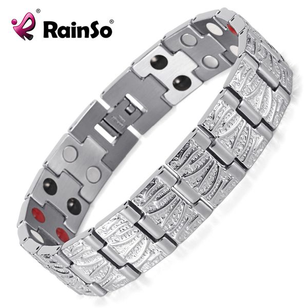 

rainso fashion mens stainless steel bracelet silver double row 4 elements health magnetic bio bracelet for men osb-065sfir, Golden;silver