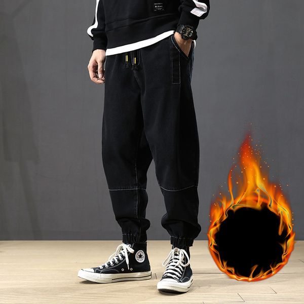 

fashion winter jeans men loose fit big size s-5xl spliced designer joggers men velvet cargo pants streetwear hip hop warm jeans, Blue