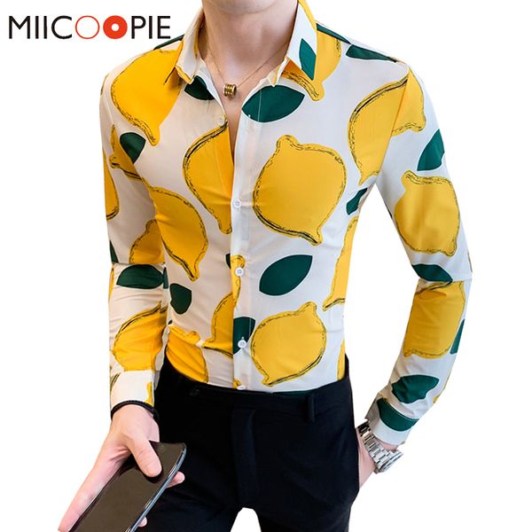 

korean style male shirt slim fit design long sleeve button down floral blouse men fashion lemon printed mens hawaiian shirts, White;black