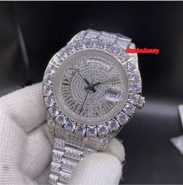 

men's boutique watch silver diamond stainless steel watch dual calendar dial automatic mechanical business watch, Slivery;brown