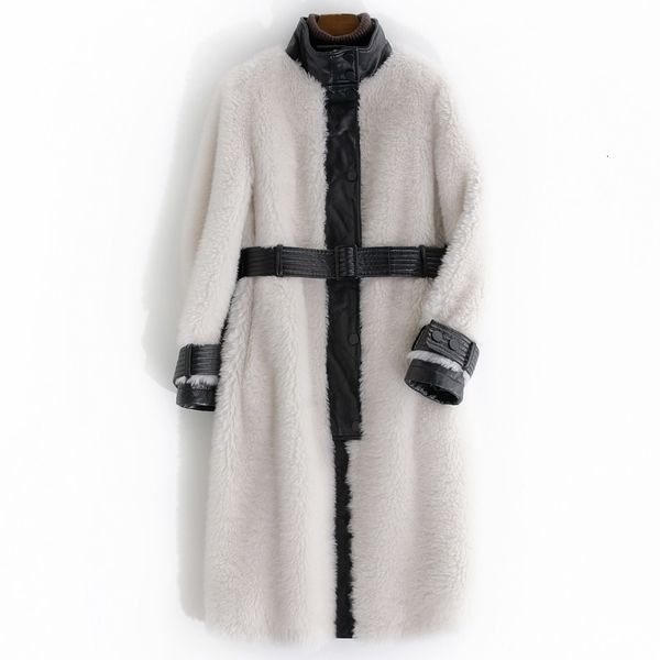 

2020 luxury women's real fur coat thick lamb wool fur jacket long sheep shearling female jackets winter long coats streetwear, Black