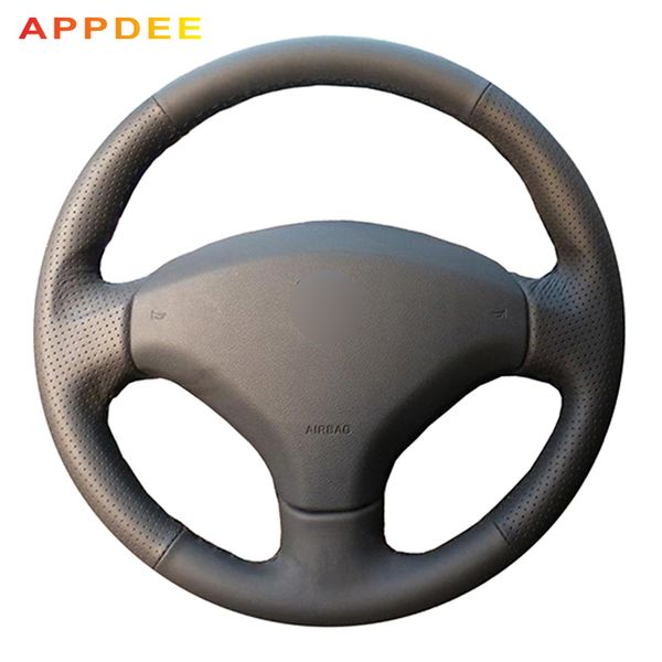 

appdee hand-stitched black leather steering wheel cover for 408 / 308