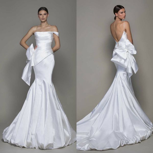 Abiti da sposa eleganti a sirena bianchi cinturini con fiocco grande Sweep Train Abito da sposa semplice da spiaggia Custom Made Boho Robes De Mari￩e