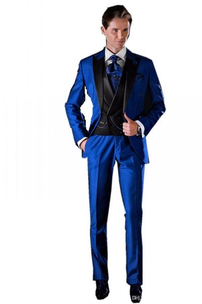 Тонкий Подходит Royal Blue Man Работа костюм Свадьба Жених Смокинги Мужская Пром платья костюмы (куртка + брюки + жилет + галстук) J198
