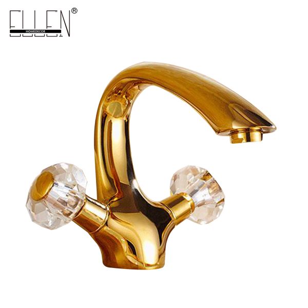 

luxury crystal brass gold bathroom basin sink faucet deck mounted dual handle and cold water mix tap golden faucets el7426