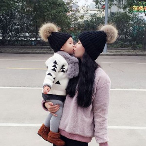 

kids fashion children winter raccoon fur hats 100% real fur pom pom beanies cap natural hat for kids children