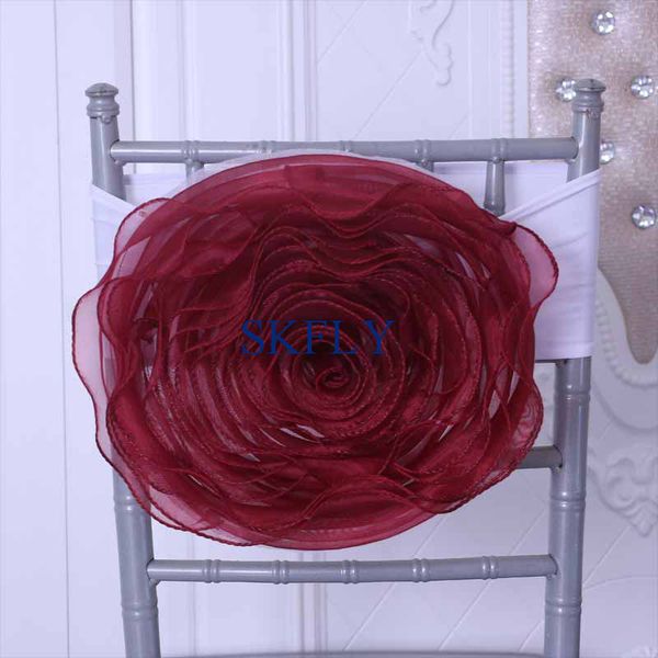 

ch091v gorgeous custom made burgundy wine red large organza chair flower with white spandex band