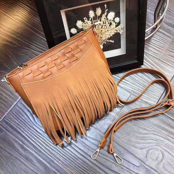 

women's bag 2019 simple woven tassel bag frosted casual fashion shoulder diagonal