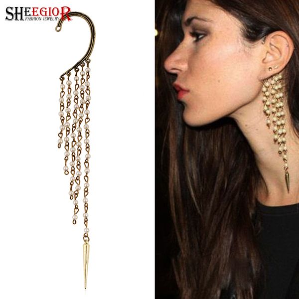 

sheegior vintage bronze long ear hook clip earrings for women lovely rivet pearls tassels ear cuff earrings fashion jewelry gift, Silver