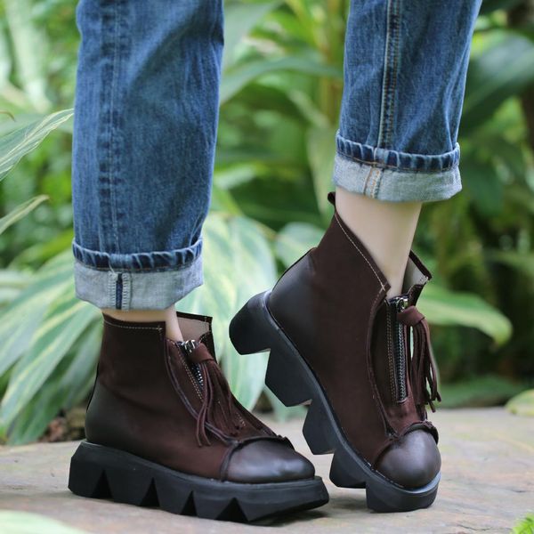 

2019 autumn thick bottom wedges women boots round head platform ankle female boots medium heel genuine leather, Black