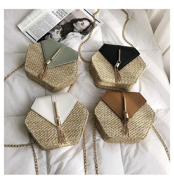 

hexagon mulit style straw+leather handbag women summer rattan bag handmade woven beach circle bohemia shoulder bag new fashion