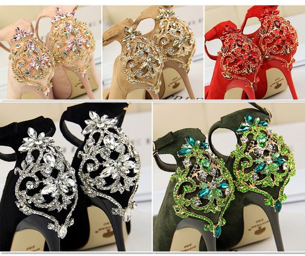 

european and american style thin female thin heel super high heel suede shallow mouth pointed rhinestone word belt single shoes, Black