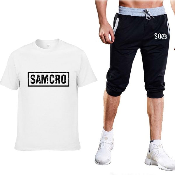 

2020 new summer men t-shirts soa sons of casual men's short sleeve round neck cotton men's t-shirt+shorts suit 2pcs, Gray