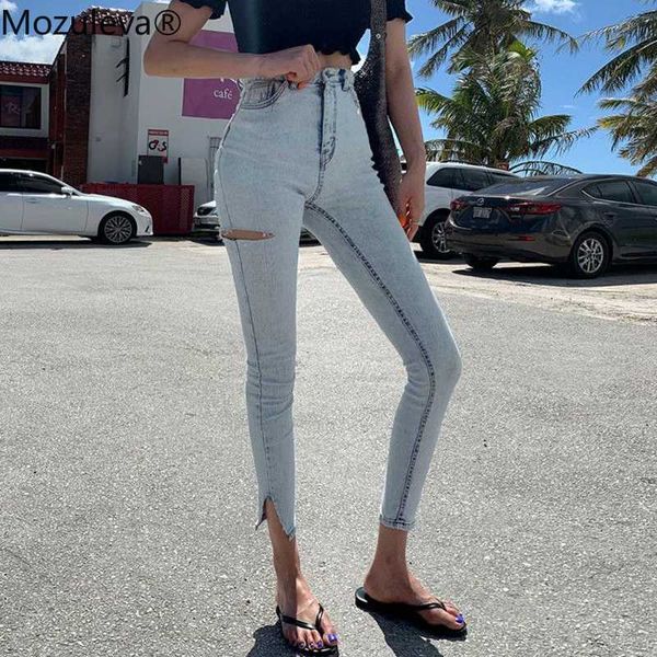 

women's jeans bornsra light blue high waist stretch skinny women pants split cuff ripped hole female pencil 2021 trousers