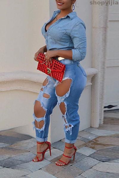 

new women boyfriend cuffs denim pencil pants plus size streetwear big hole ripped skinny jeans, Blue