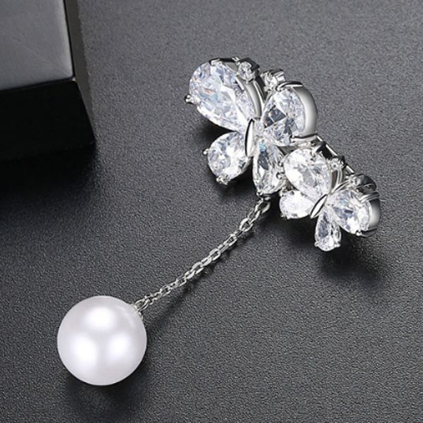

zlxgirl classic metal copper two butterfly shape women bridal brooches jewelry fashion chain pearl scarf pins couple gifts, Gray