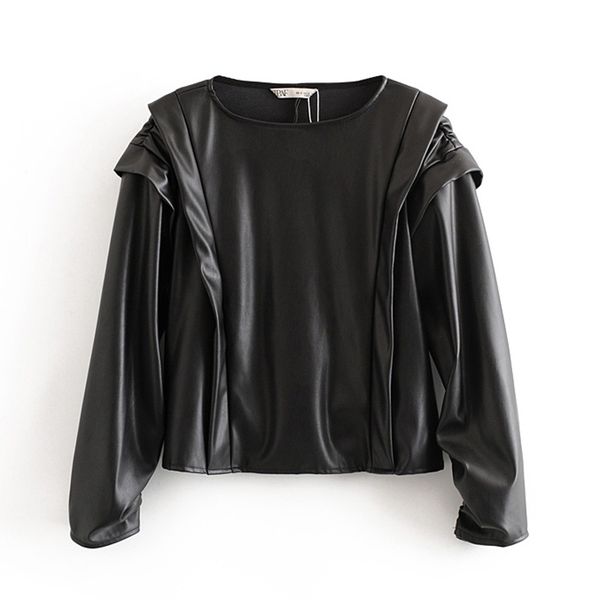 

zoepo o neck pu leather blouses women fashion casual cascading fold shirts women elegant long sleeve female ladies ld, White