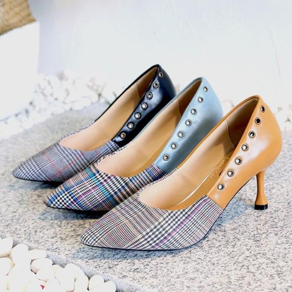 

fashion patchwork plaid cloth leather high heels womens shoes pointed toe shallow slip on female stiletto rivets lady pumps new, Black