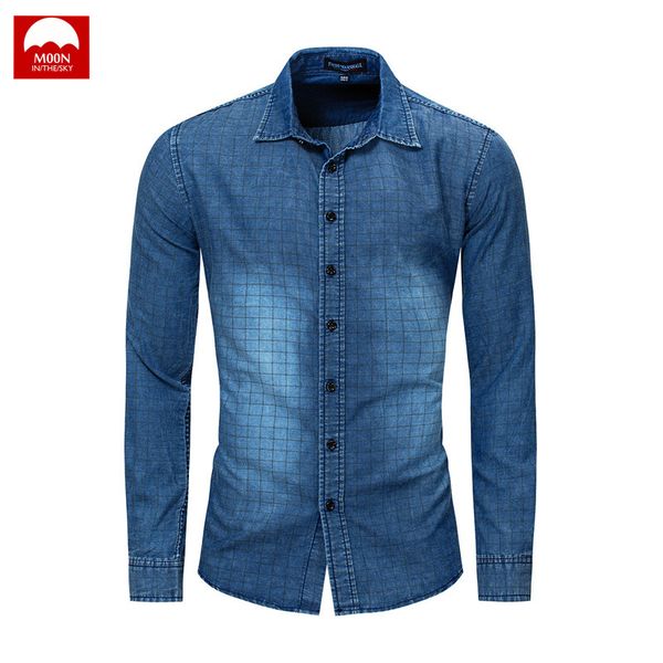 

lapel denim shirt lattice man soft leisure new retro fashion long sleeve spring and autumn slim fit button cotton nzc-127, White;black