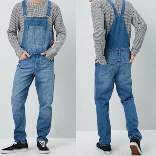 

denim overalls men slim one piece full length jeans casual straight jeans button strap pant pockets pantalon homme 2020 w268, Black