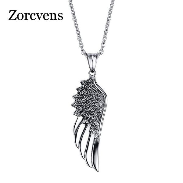 

modyle punk vintage 316l stainless steel feather angel wing pendants necklace retro punk jewelry for man, Silver
