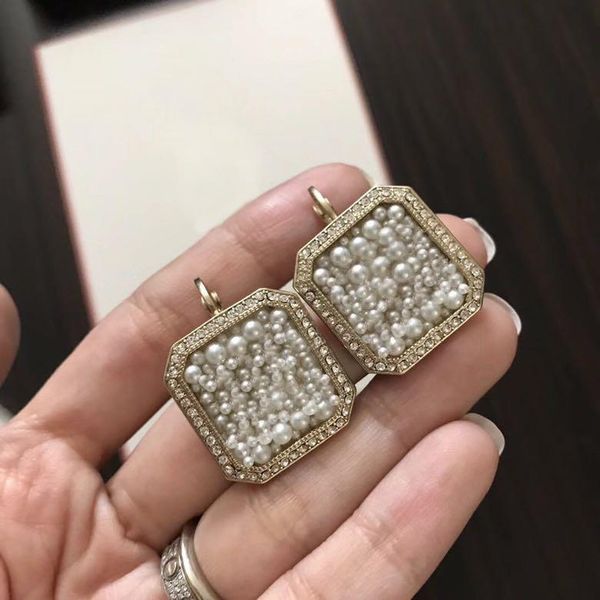 

popular fashion brand high version square pearl designer earrings for lady design women party wedding luxury jewelry for bride with box, Golden;silver