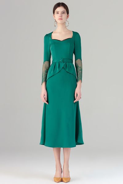 

средней длины платье с империей пригонки квадратный воротник зеленый юбка шить кружева опоясанный спинки длинным рукавом платье элегантный е, White;black