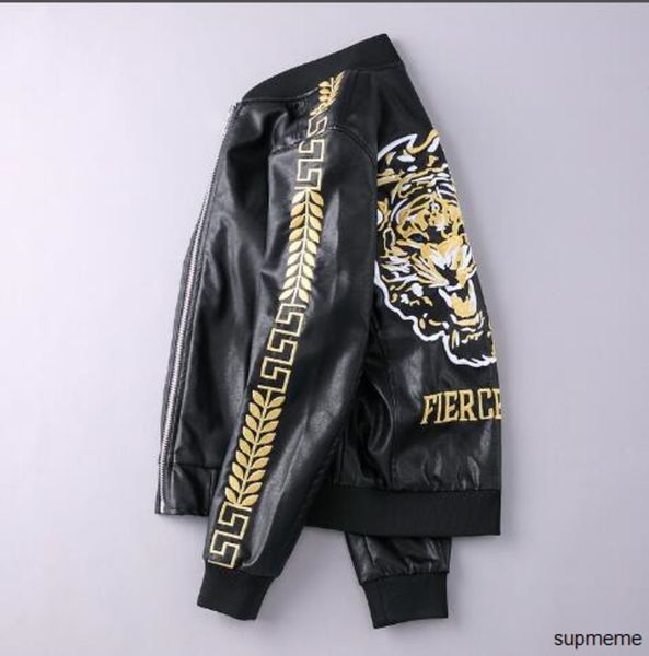 

select new men tiger head leather jacket hip hop casual coat mens fashion luxury fitness clothing motorcycle clothing8awb, Black;brown