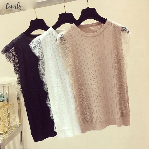 

2020 new summer women mesh t shirt sleeveless o neck lace knitted patchwork tees chic solid hollow out t shirt, White