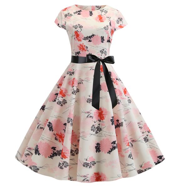 

red party dress women elegant short sleeve floral print vintage dresses robe femme 2019 summer new midi bodycon dress vestidos, Black;gray