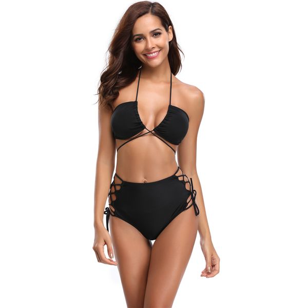 

womens neck sling swimwear black bathing suit two piece swimsuit push up bikini high waisted side straps bikini bottoms briefs