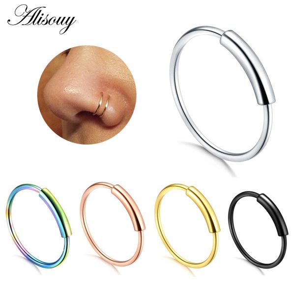 

alisouy new arrival stainless steel 1pc 22g nose ring rings fake septum clicker body jewelry piercing suspension clip on jewelry, Slivery;golden